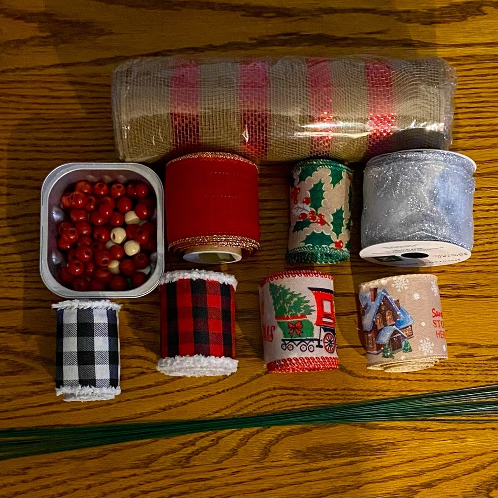 Ribbon lot,  10 inch deco mesh, red & white craft beads and 15 flower wire picks